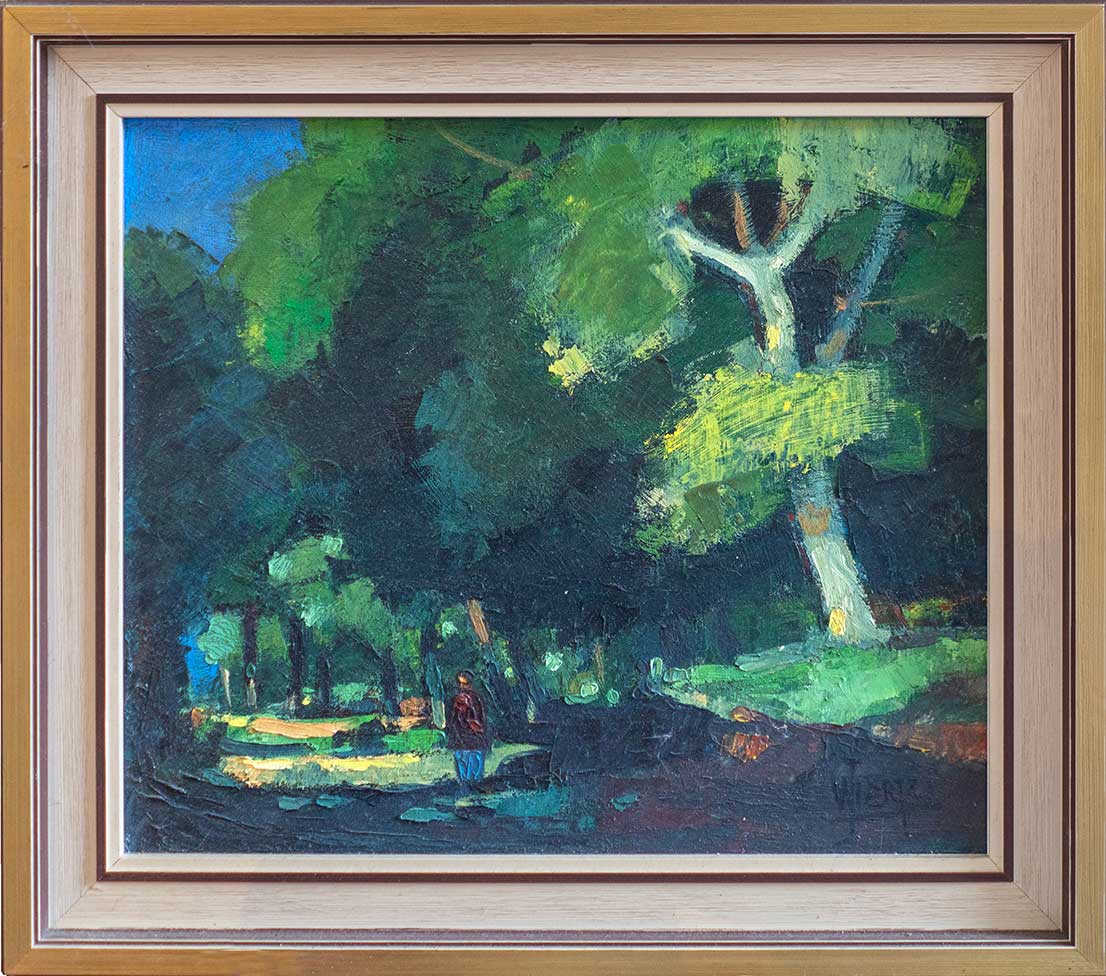 bospad met wandelaar op een groffe manier geschilderd