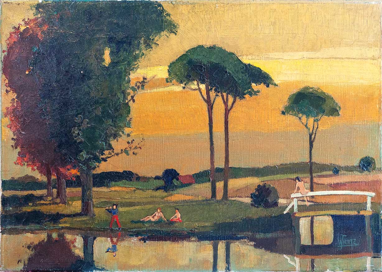 naakten zonnend aan de vijver en brug